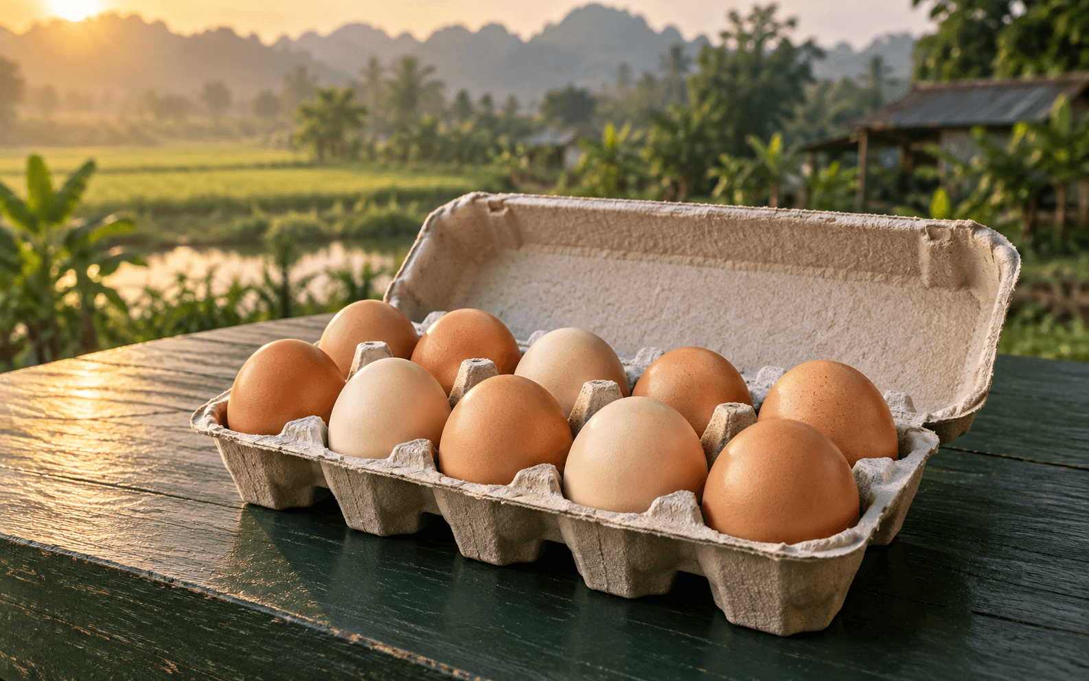 Khay trứng gia cầm tươi trong khung cảnh nông trại buổi sớm